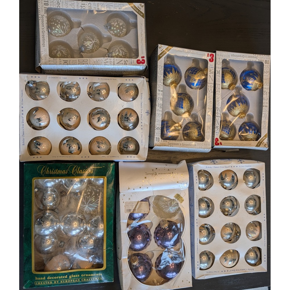 Lot 57 Vtg Glass Ornaments Commodore Rauch Blue Gold Silver Purple Christmas MCM